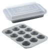 Farberware Nonstick Bakeware 3 Piece Muffin Cake and Lasagna Pan Set, Gray