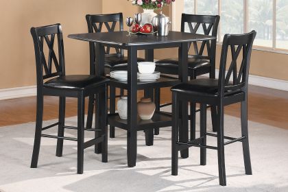 Black Finish 5pc Counter Height Set Dining Counter Height Table with Lower Shelves and 4x Chairs Set Faux Leather Upholstered Kitchen Dining Furniture