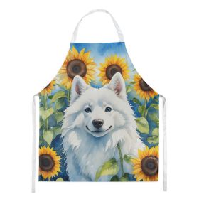 American Eskimo in Sunflowers Apron Cooking Kitchen Server Baking Crafts Gardening for Adult Women Men, Unisex, Large, Multicolor